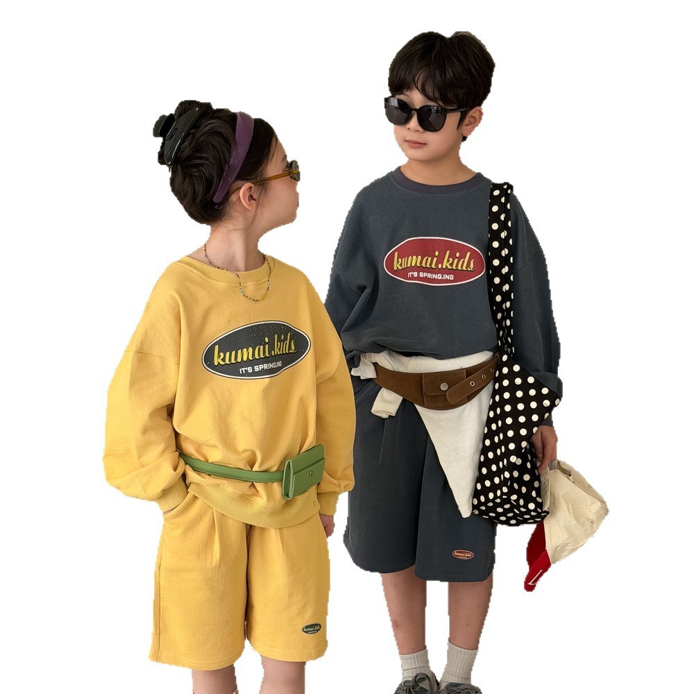 末小蒙童套装2026春季男女童韩版字母印花两件套儿童圆领中裤套装