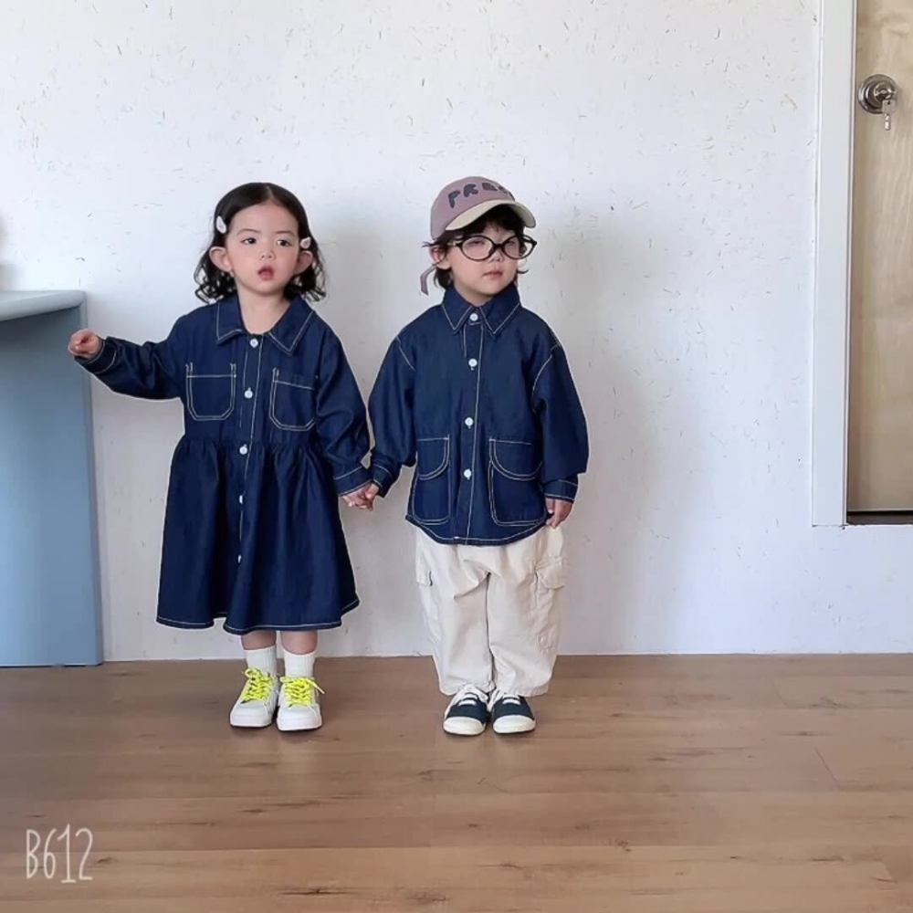 女童牛仔连衣裙儿童洋气2026新款春秋季宝宝男童衬衫外套兄妹春装