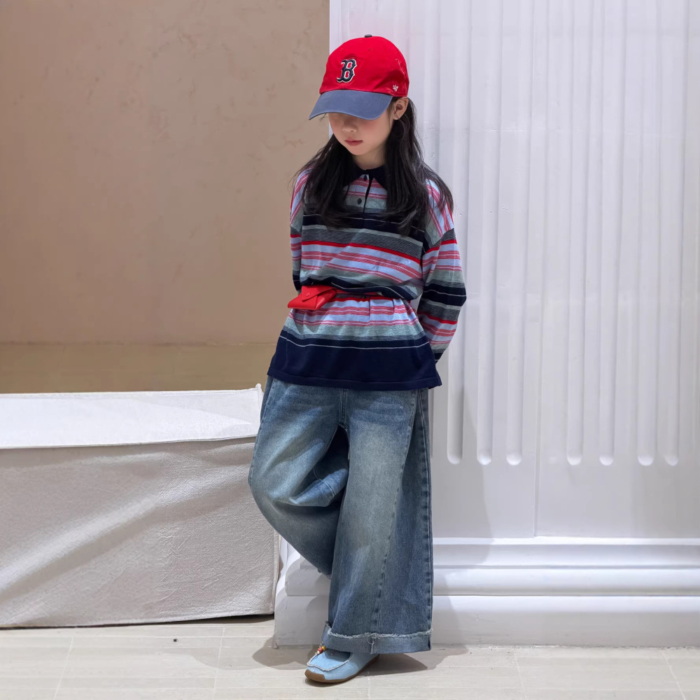 末小蒙POLO衫2026春季女童韩版条纹撞色卫衣儿童翻领长袖休闲上衣