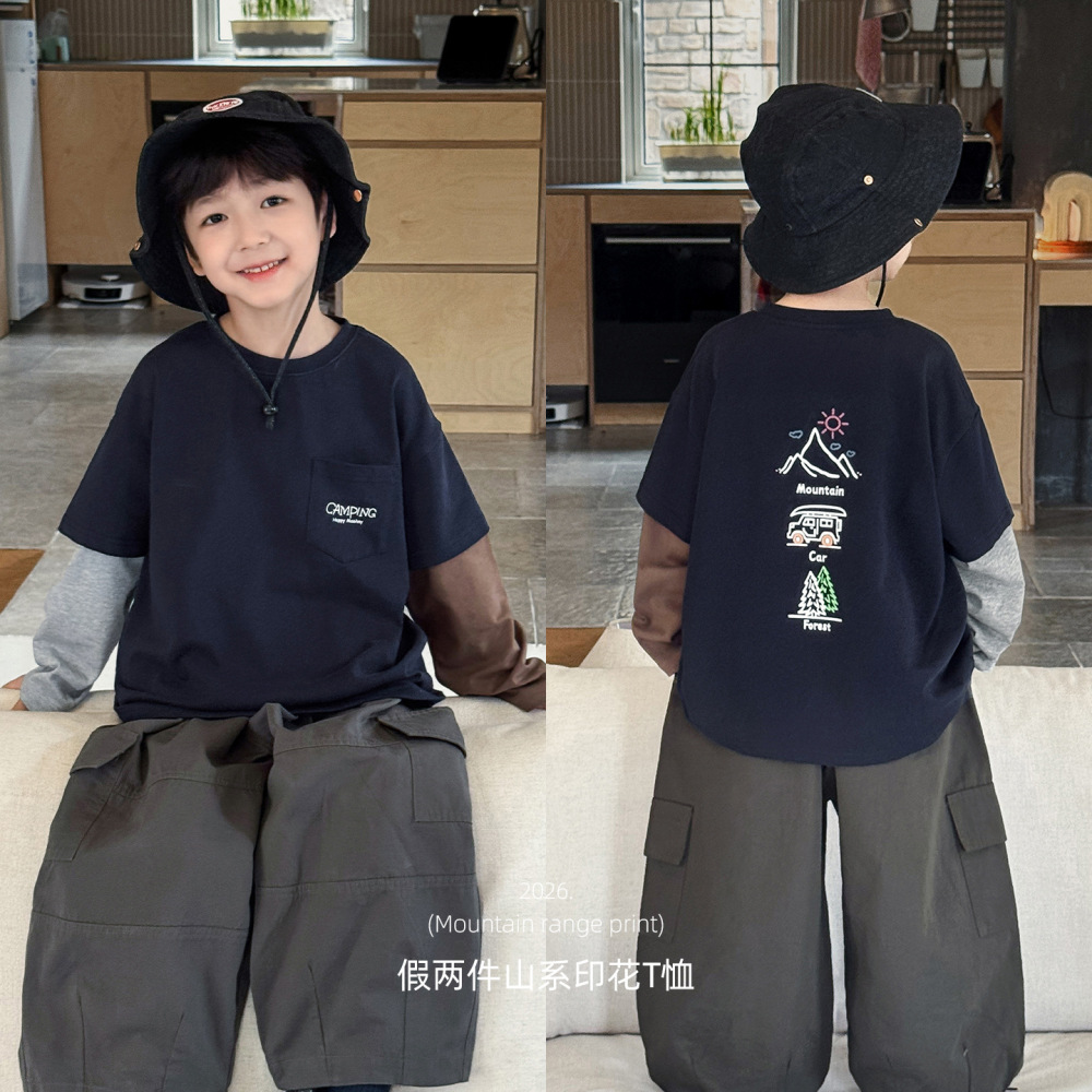 童酷2026男童春季新款山系露营印花假两件圆领宽松百搭儿童T恤潮