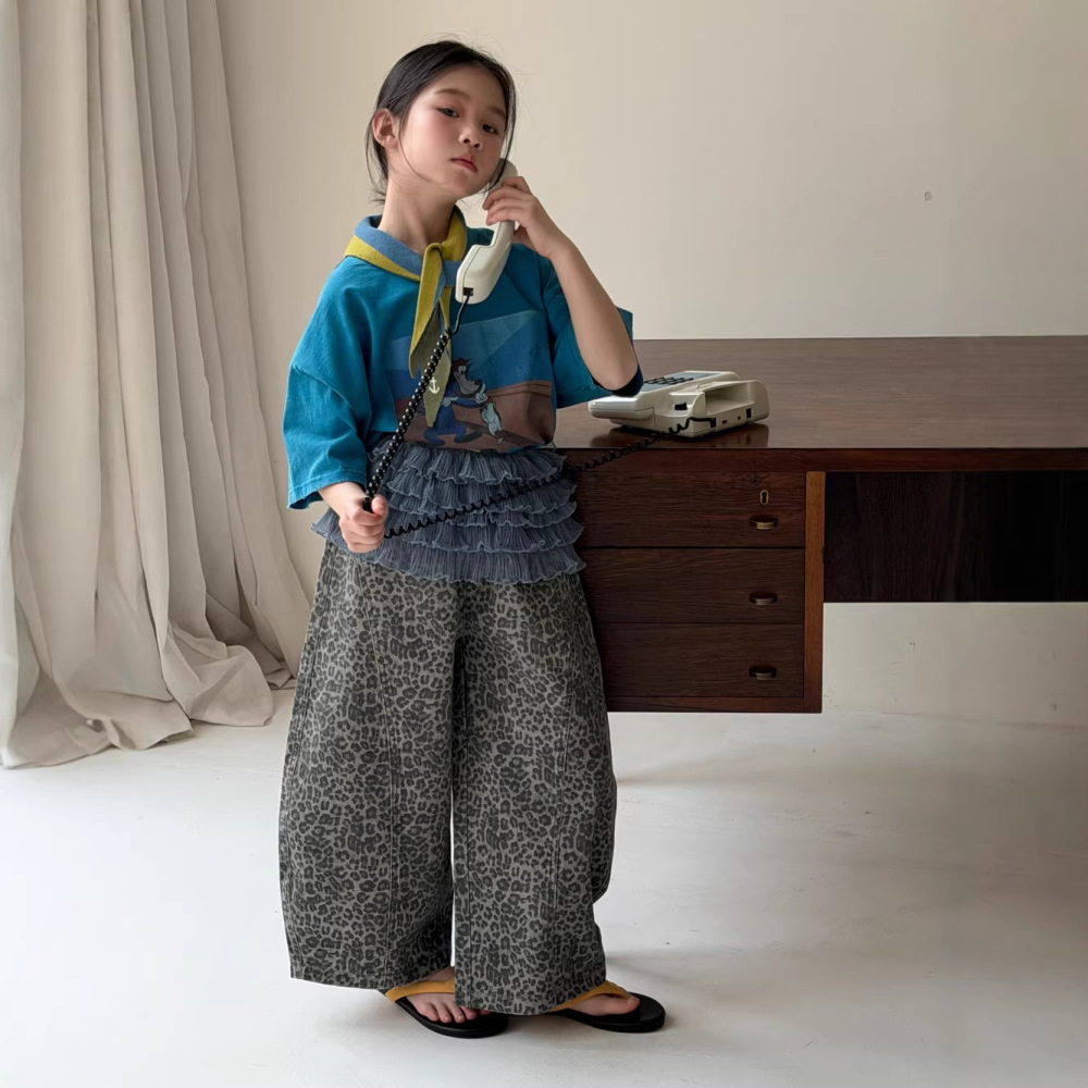 末小蒙童裤2026春季女童韩版豹纹休闲阔腿裤儿童洋气百搭宽松长裤