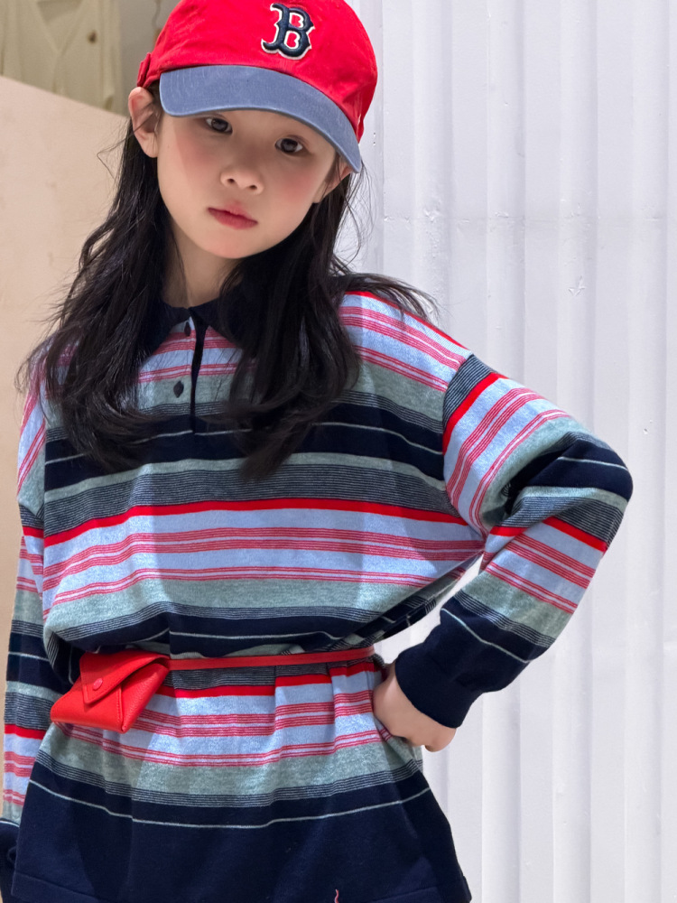 末小蒙POLO衫2026春季女童韩版条纹撞色卫衣儿童翻领长袖休闲上衣