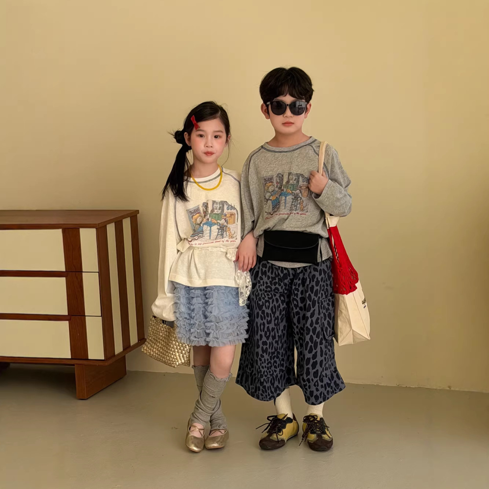 末小蒙童T恤2026春季男童女童韩版卡通字母印花上衣儿童圆领长袖T