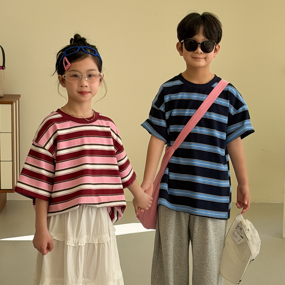 末小蒙童T恤2026春款男女童韩版宽条纹宽松短袖儿童圆领休闲上衣