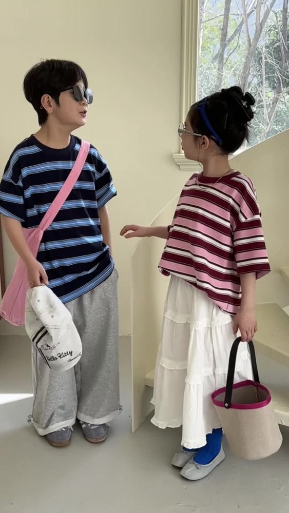 末小蒙童T恤2026春款男女童韩版宽条纹宽松短袖儿童圆领休闲上衣