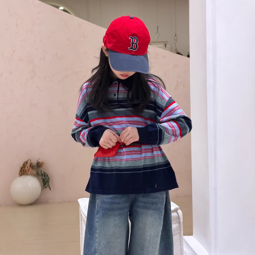 末小蒙POLO衫2026春季女童韩版条纹撞色卫衣儿童翻领长袖休闲上衣