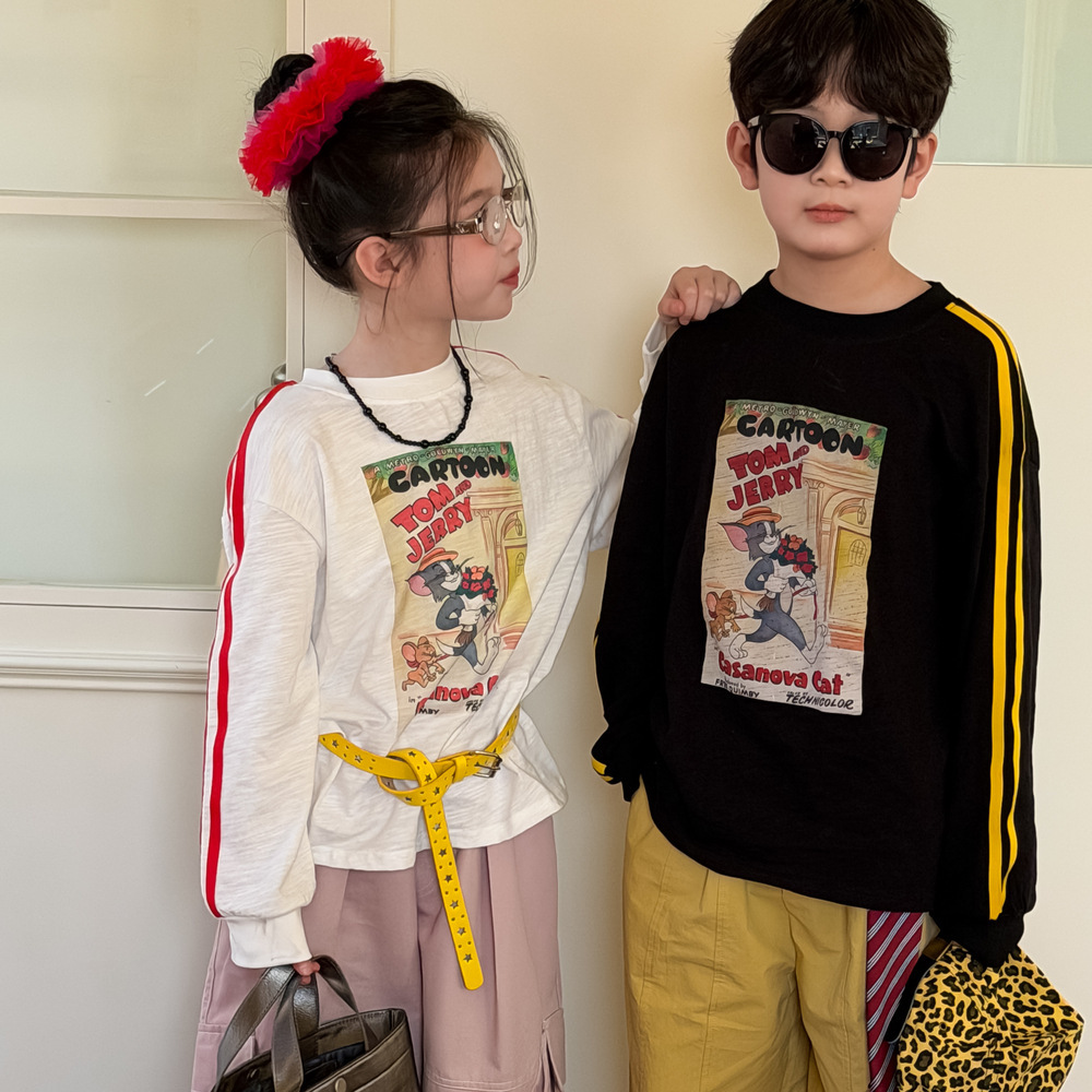 末小蒙童T恤2026春季男童女童韩版卡通字母印花上衣儿童圆领长袖T