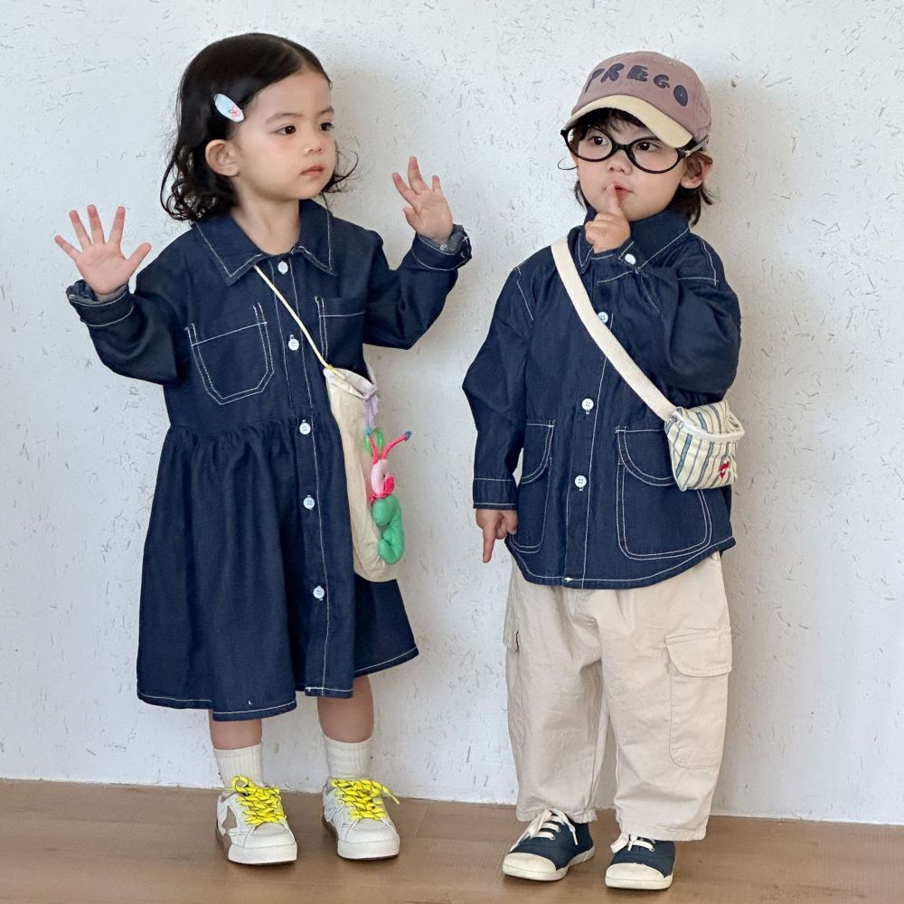 女童牛仔连衣裙儿童洋气2026新款春秋季宝宝男童衬衫外套兄妹春装