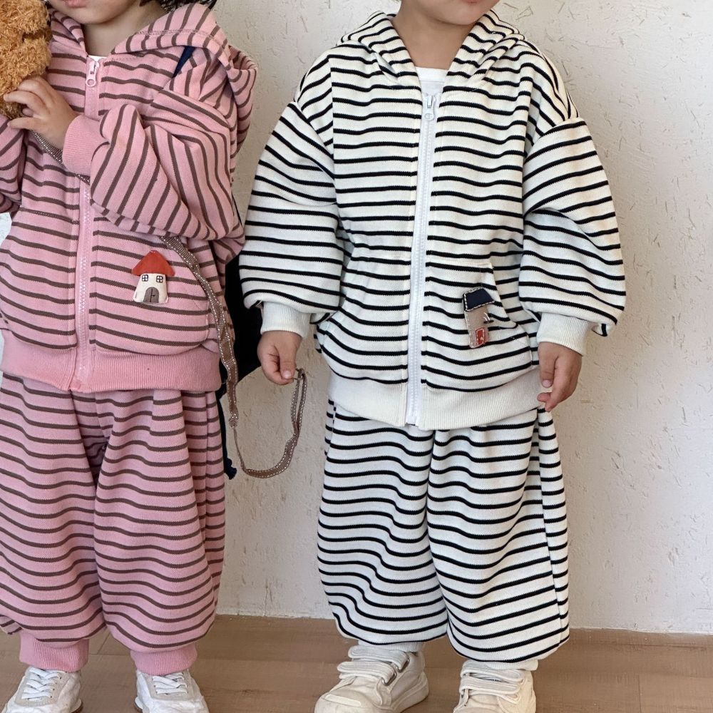 儿童春装套装男童条纹女童运动2026新款春秋季宝宝休闲卫衣裤外套