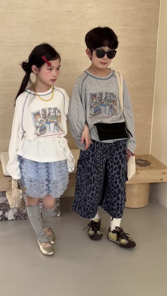 末小蒙童T恤2026春季男童女童韩版卡通字母印花上衣儿童圆领长袖T