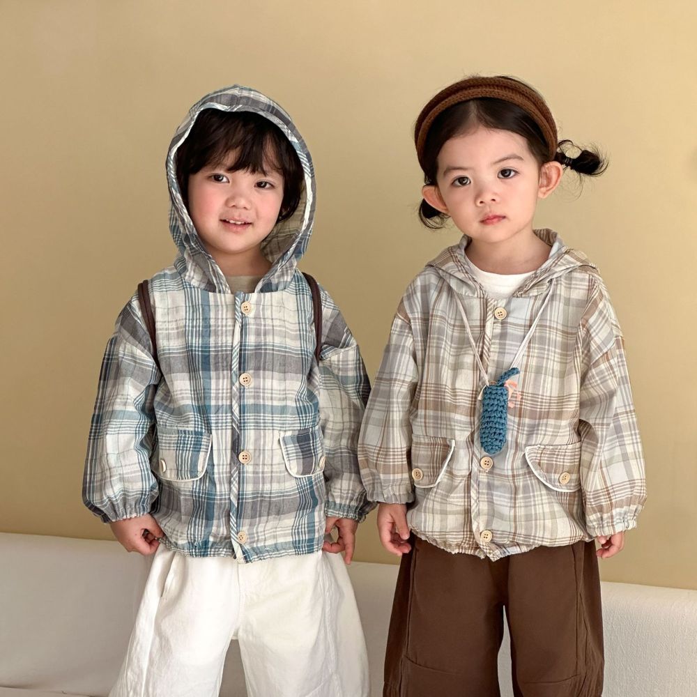 儿童外套春秋季格子连帽2026新款女童宽松男童春装纯棉宝宝上衣服