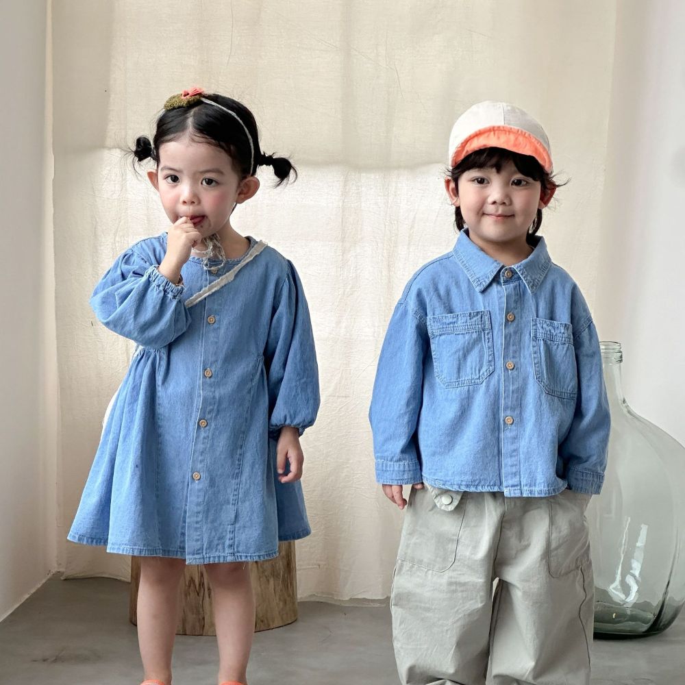 女童牛仔连衣裙儿童洋气2026新款春秋季宝宝男童长袖衬衫兄妹春装