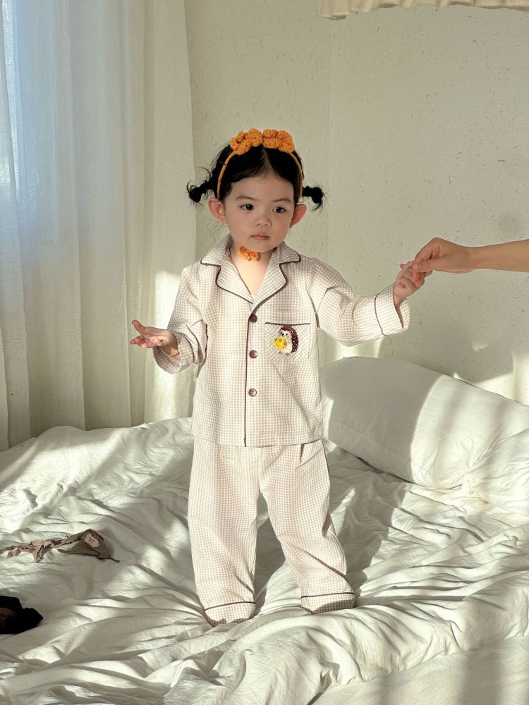 儿童睡衣女童纯棉格子2026新款春秋季男童长袖套装小孩宝宝家居服