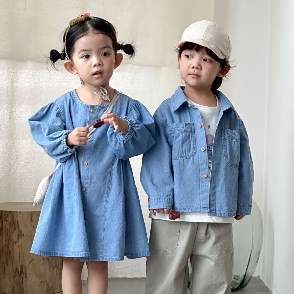 女童牛仔连衣裙儿童洋气2026新款春秋季宝宝男童长袖衬衫兄妹春装
