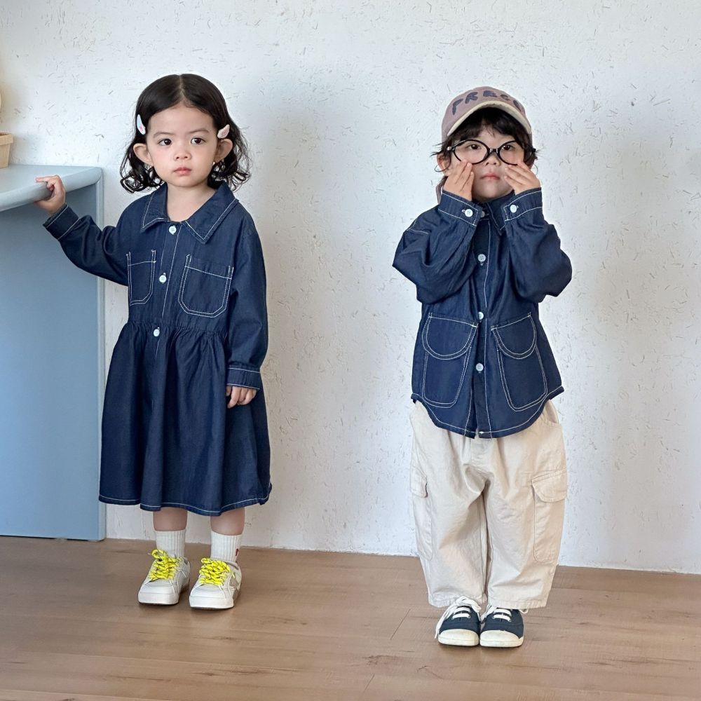 女童牛仔连衣裙儿童洋气2026新款春秋季宝宝男童衬衫外套兄妹春装