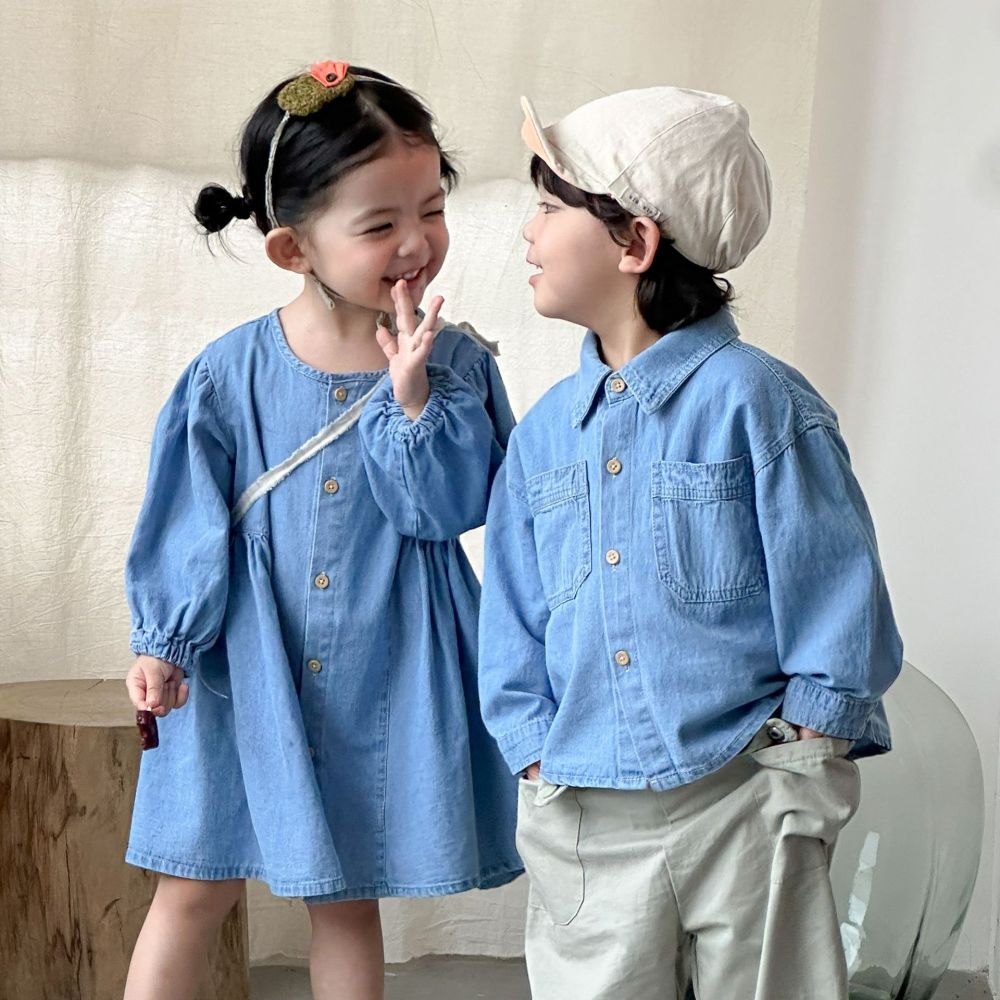 女童牛仔连衣裙儿童洋气2026新款春秋季宝宝男童长袖衬衫兄妹春装