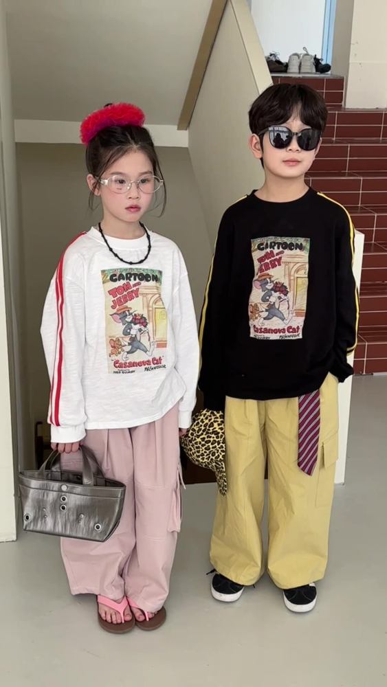 末小蒙童T恤2026春季男童女童韩版卡通字母印花上衣儿童圆领长袖T