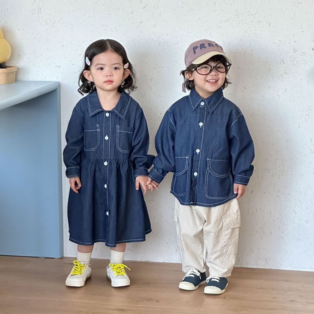 女童牛仔连衣裙儿童洋气2026新款春秋季宝宝男童衬衫外套兄妹春装