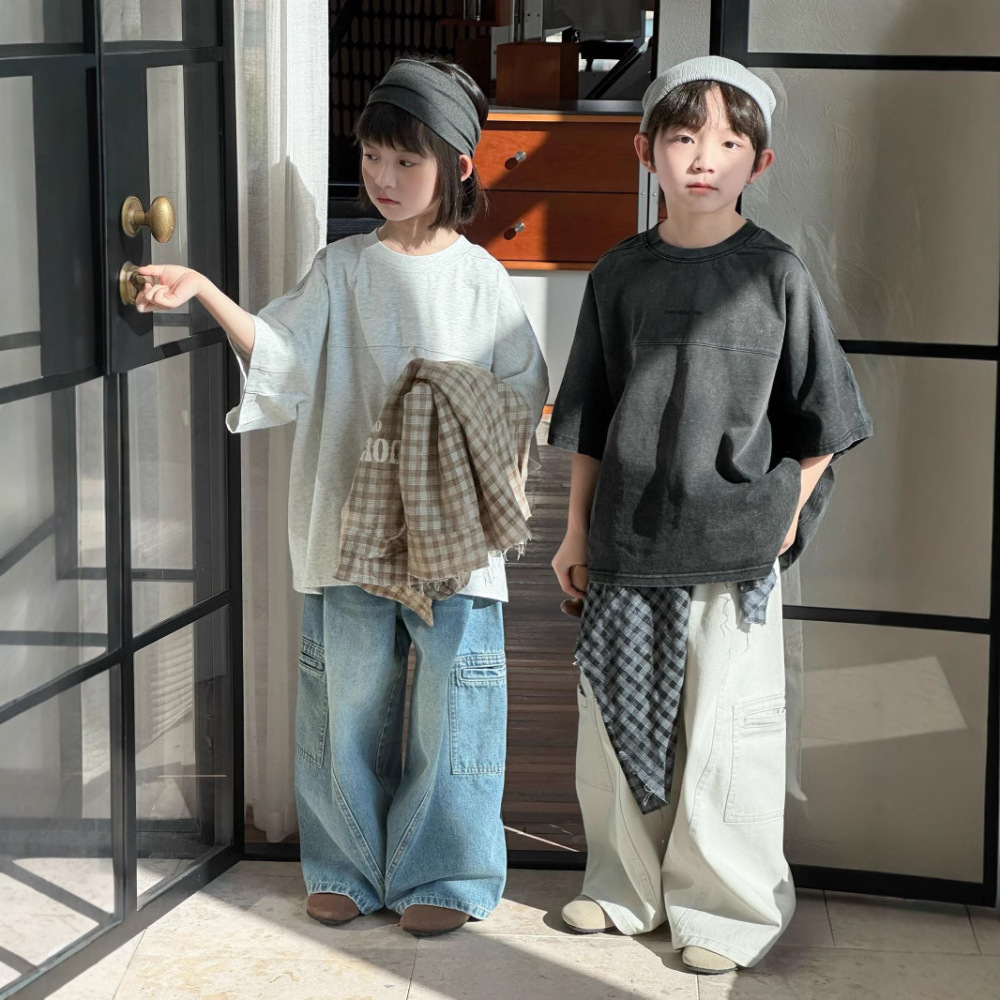 童短袖2026夏季新款韩版儿童百搭做旧短袖男女童时尚字母印花上衣