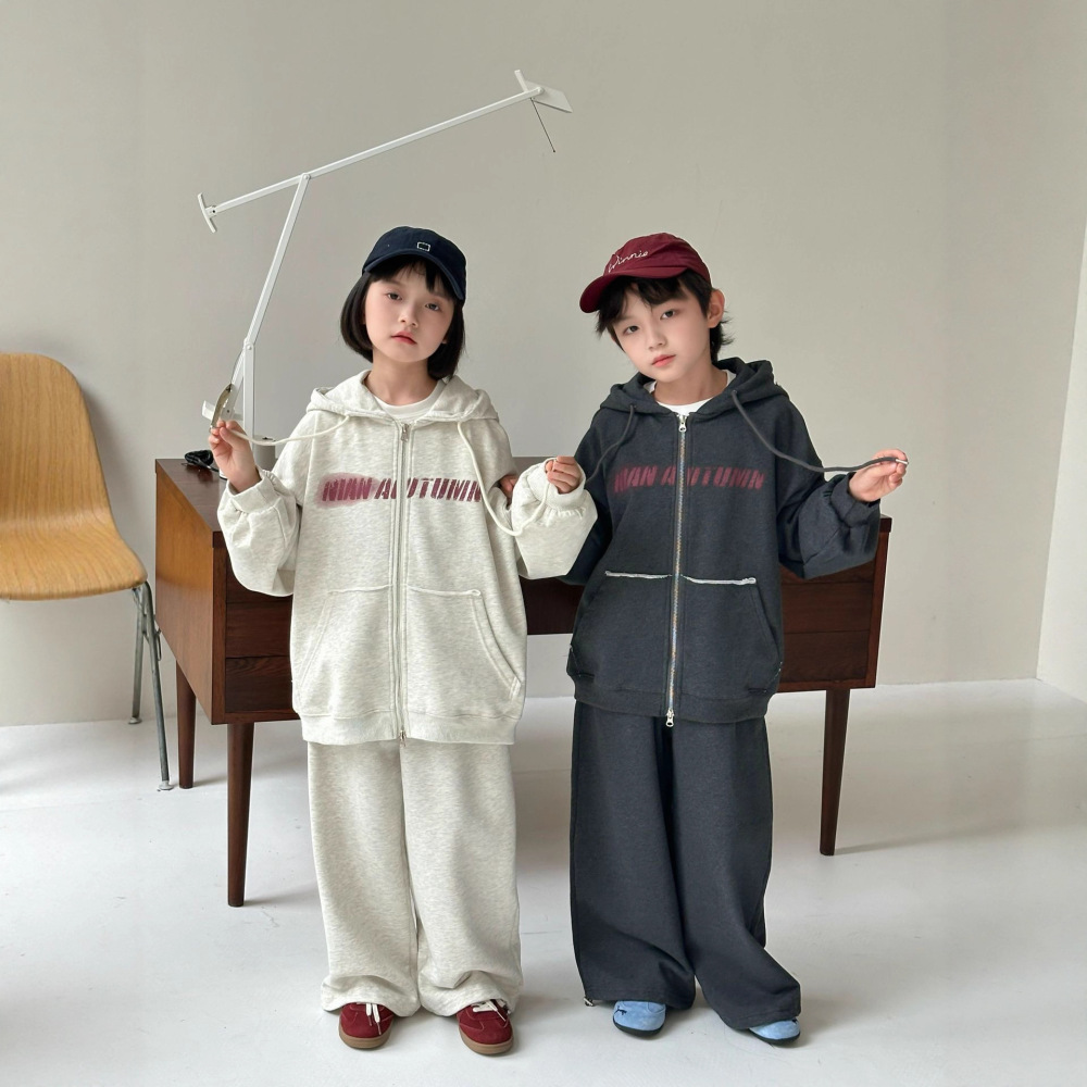 2026春季新款韩版儿童字母连帽外套套装男女童休闲卫衣卫裤两件套