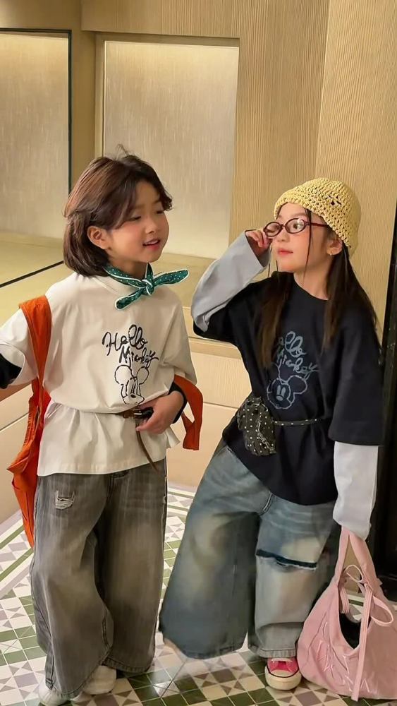 2026春季新款韩版儿童纯棉撞色假两件T恤男女童可爱卡通印花长袖