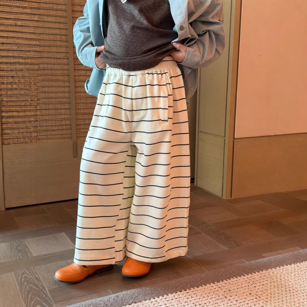 2026春季新款童装韩版儿童百搭条纹针织裤男女童时尚宽松阔腿裤潮