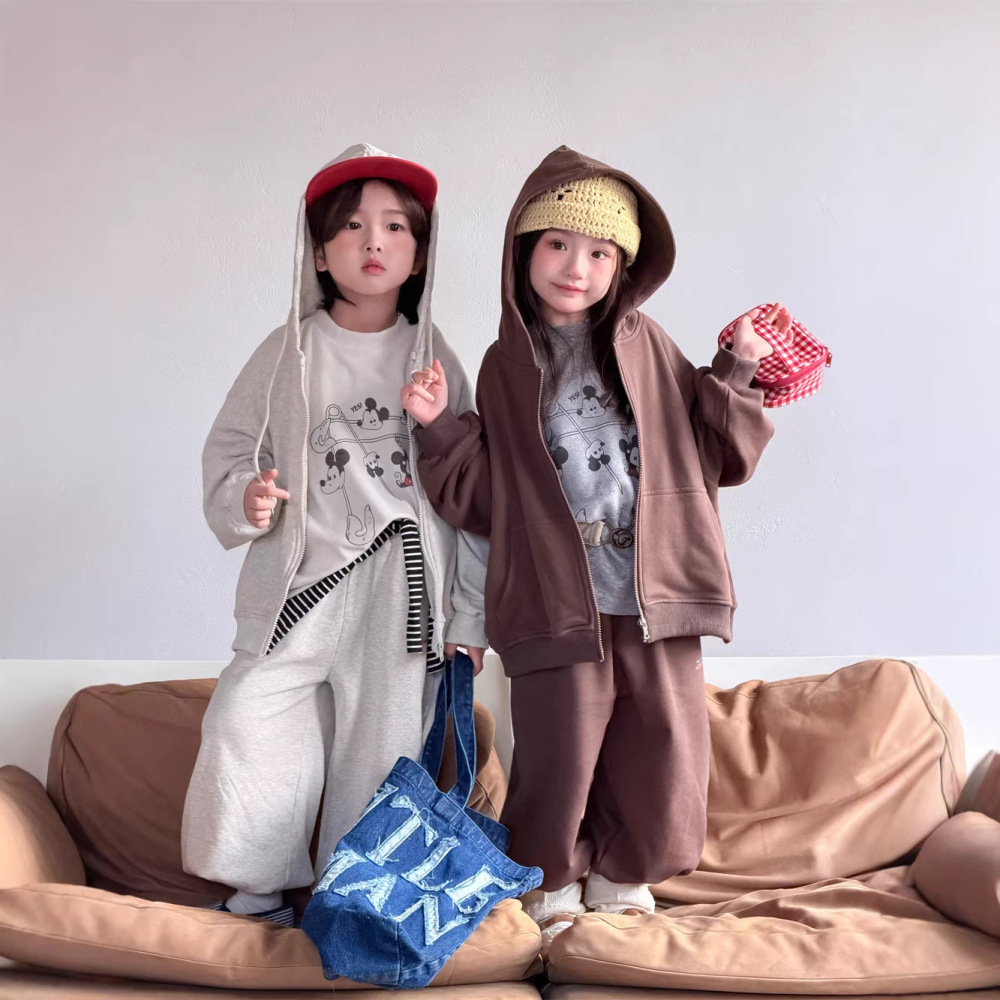 2026春季新款韩版儿童连帽卫衣休闲运动套装男女童卡通印花两件套