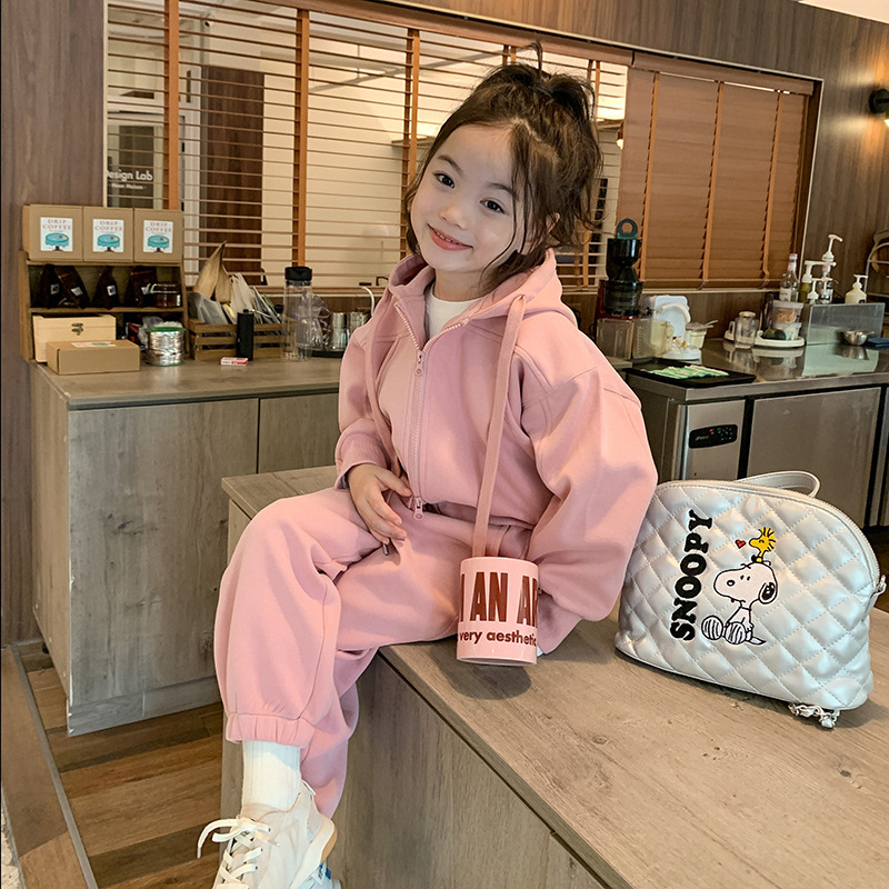 艾摩贝贝儿童卫衣套装女童韩洋气版休闲连帽外套+卫裤纯色两件套