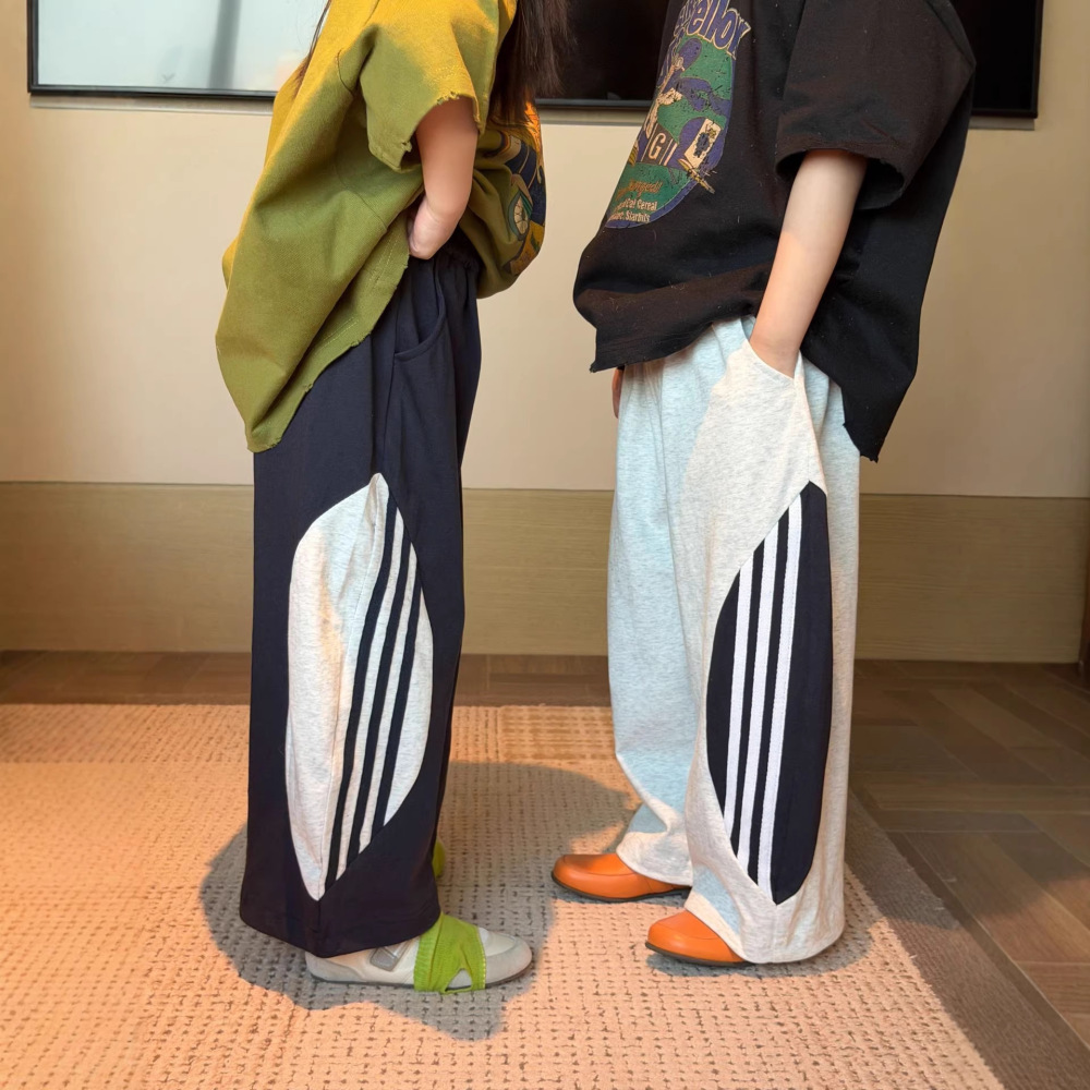 童裤2026春季新款童装儿童撞色拉条休闲裤男女童宽松抽绳运动裤潮
