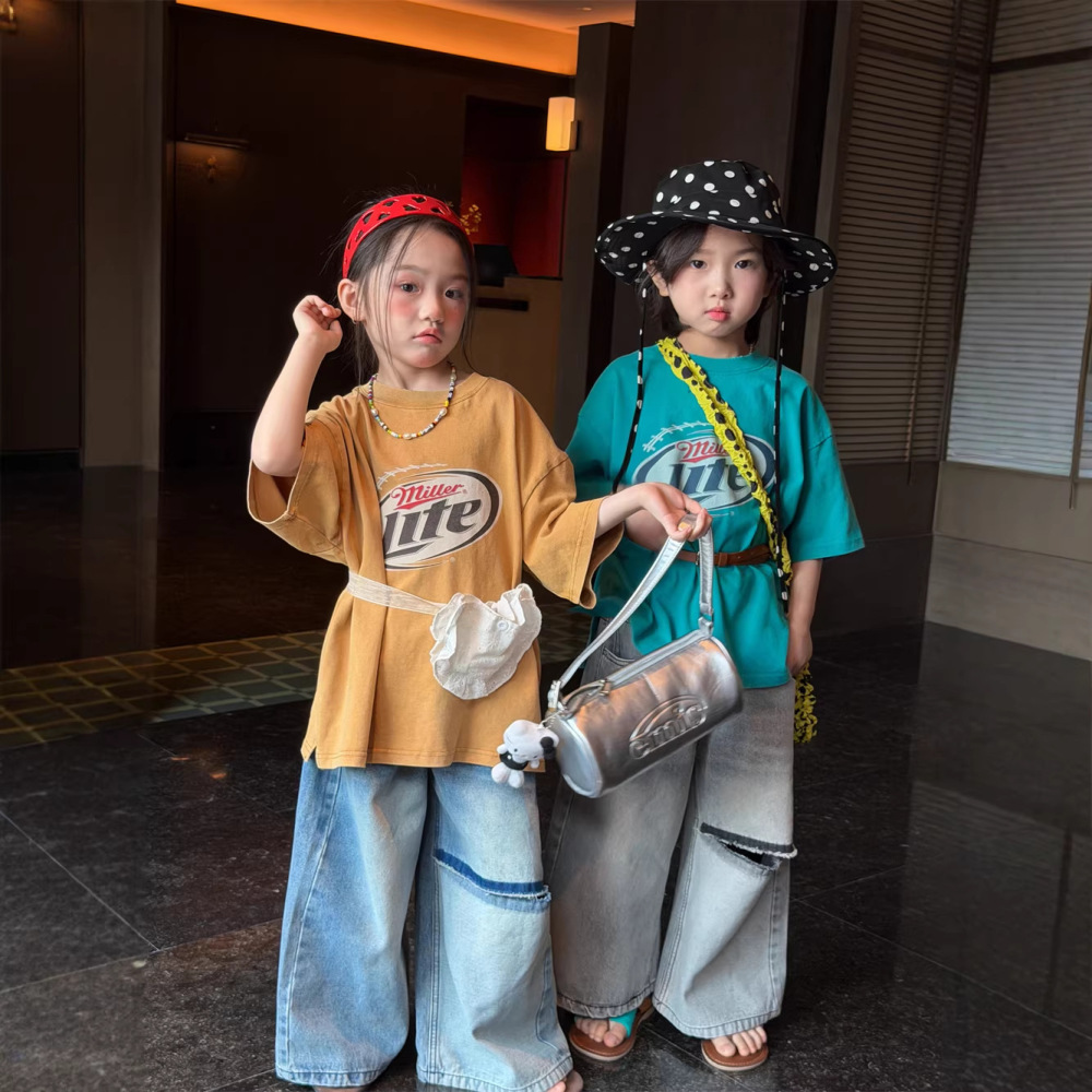 2026夏季新款童装韩版儿童时尚字母做旧短袖男童休闲潮酷圆领T恤
