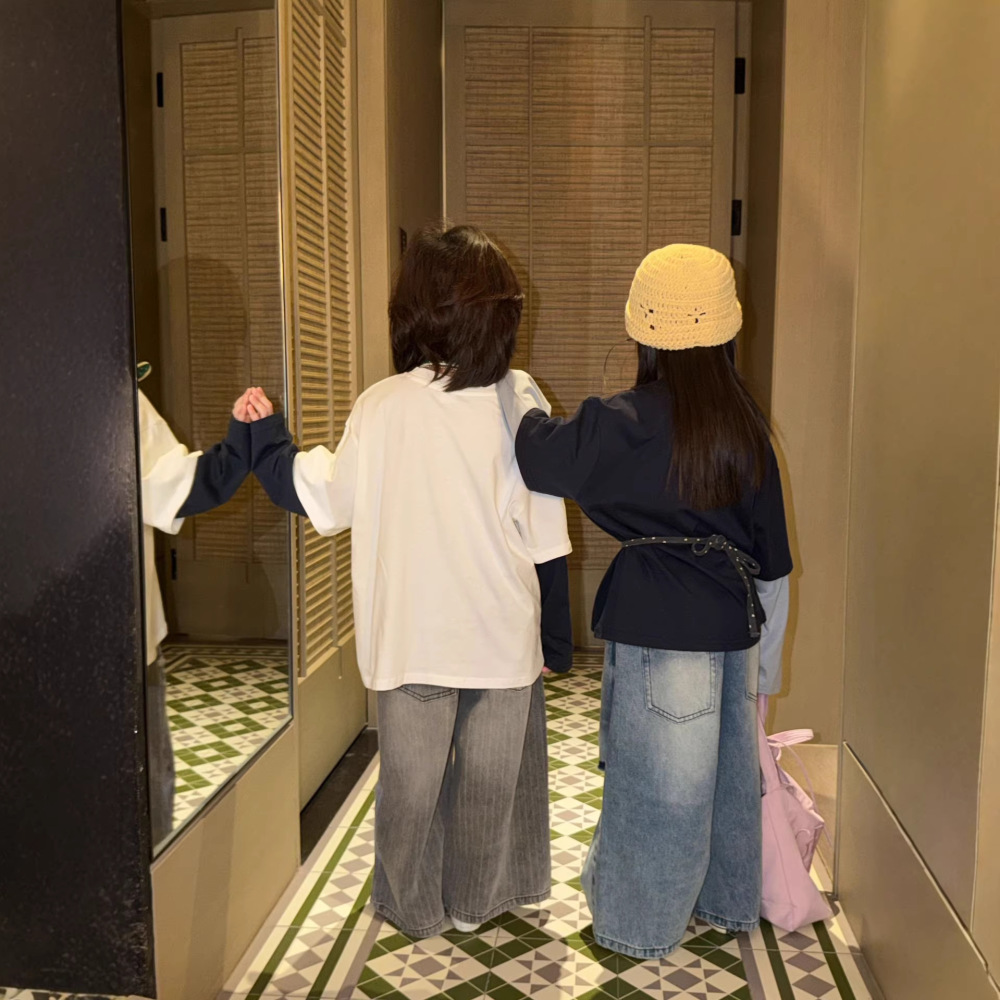 2026春季新款韩版儿童纯棉撞色假两件T恤男女童可爱卡通印花长袖