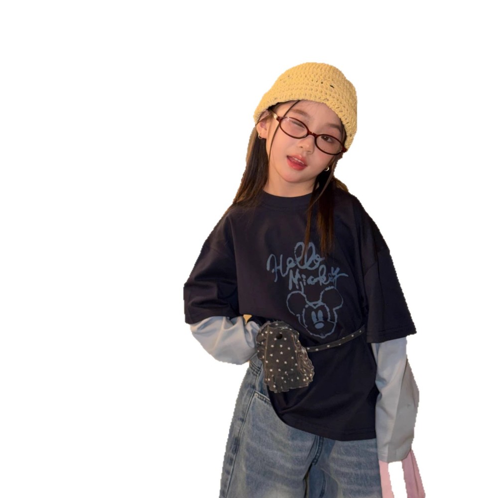 2026春季新款韩版儿童纯棉撞色假两件T恤男女童可爱卡通印花长袖