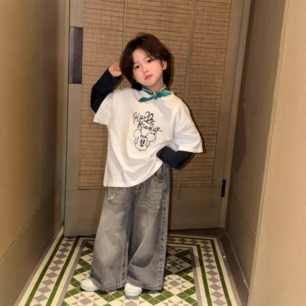 2026春季新款韩版儿童纯棉撞色假两件T恤男女童可爱卡通印花长袖