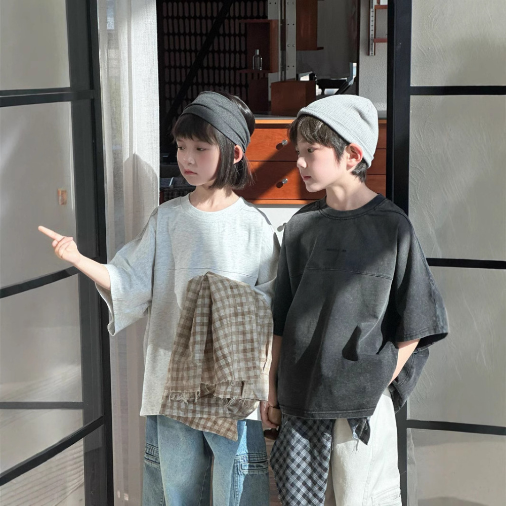 童短袖2026夏季新款韩版儿童百搭做旧短袖男女童时尚字母印花上衣