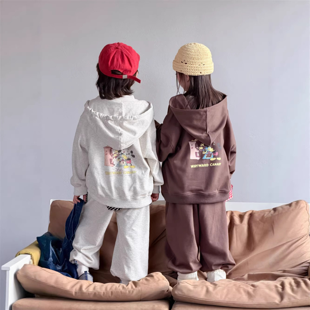 2026春季新款韩版儿童连帽卫衣休闲运动套装男女童卡通印花两件套