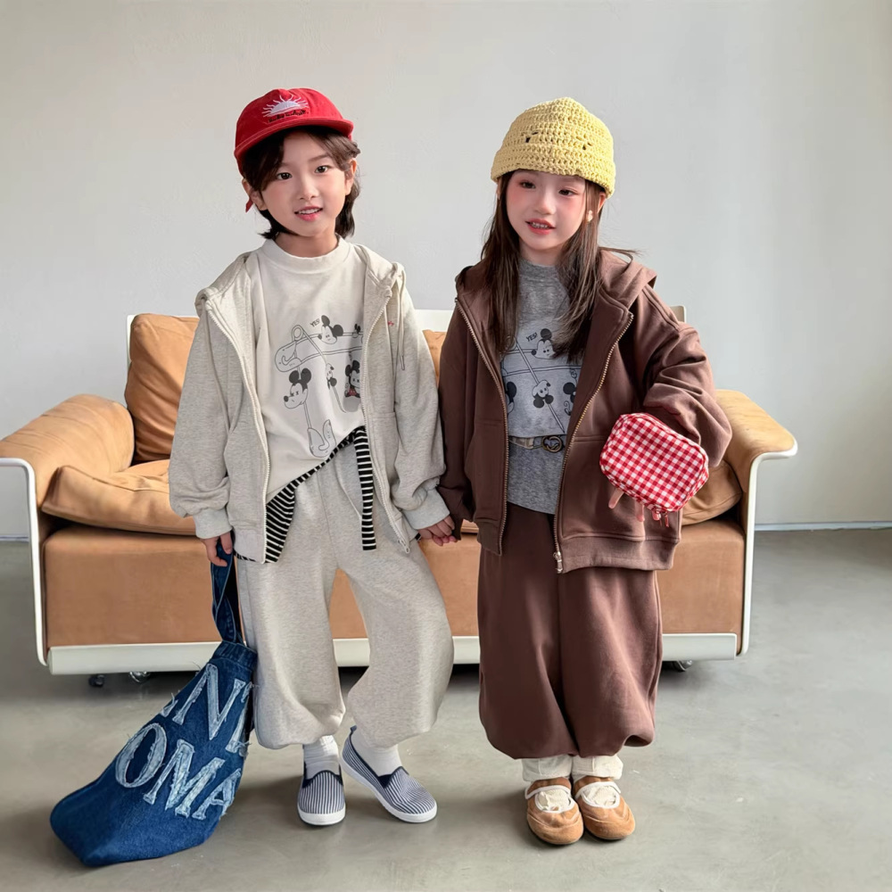 2026春季新款韩版儿童连帽卫衣休闲运动套装男女童卡通印花两件套