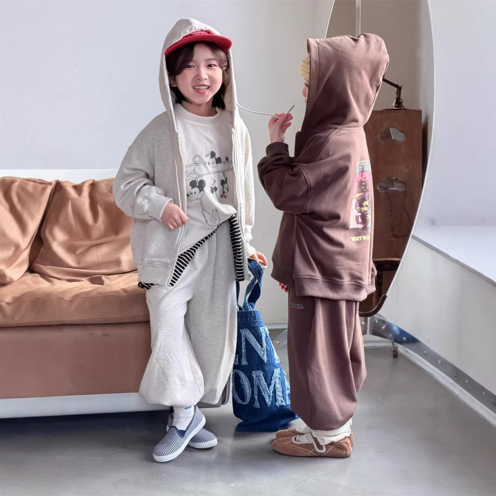 2026春季新款韩版儿童连帽卫衣休闲运动套装男女童卡通印花两件套