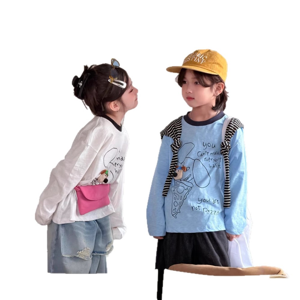 2026春季童装儿童卡通小狗长袖T恤男女童领子撞色宽松休闲上衣潮