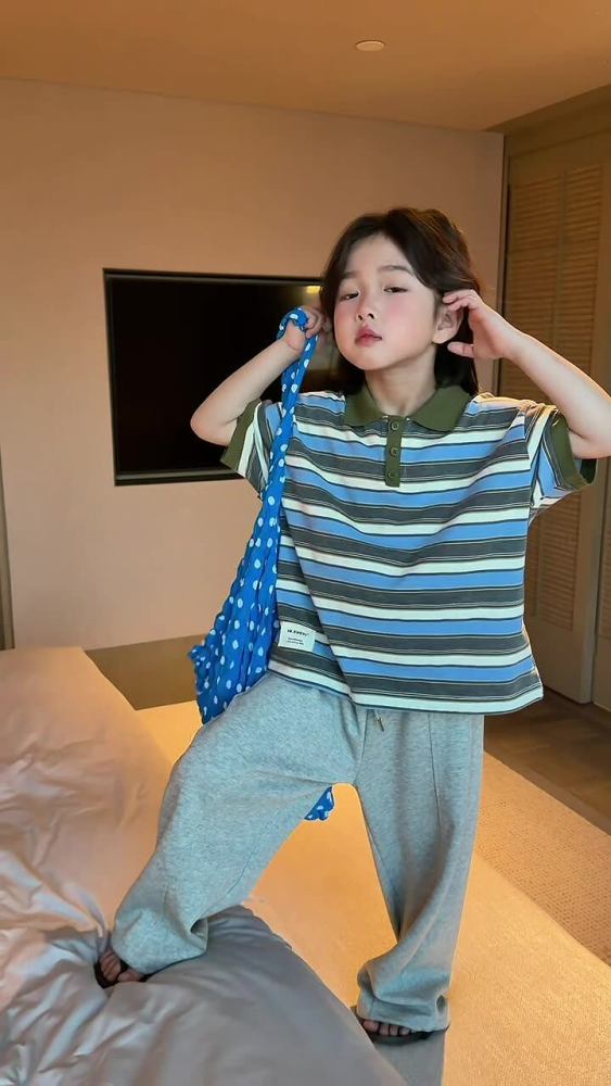 2026春夏新款韩国儿童条纹撞色polo短袖男女童舒适百搭贴标T恤潮