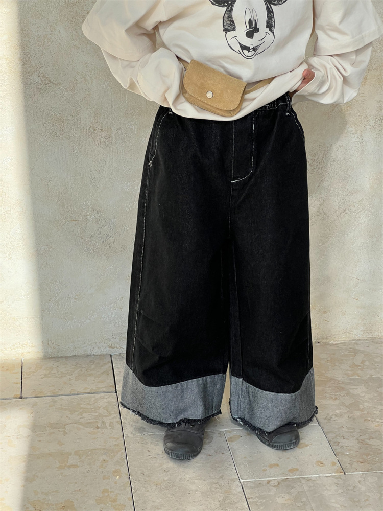 2026春季新款韩版儿童直筒拼接牛仔裤男女童毛边明线宽松长裤潮酷