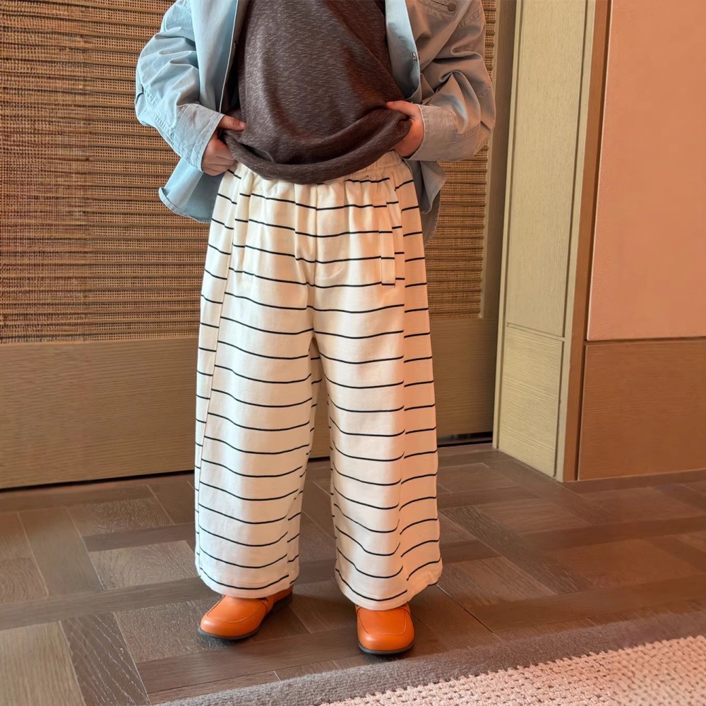 2026春季新款童装韩版儿童百搭条纹针织裤男女童时尚宽松阔腿裤潮