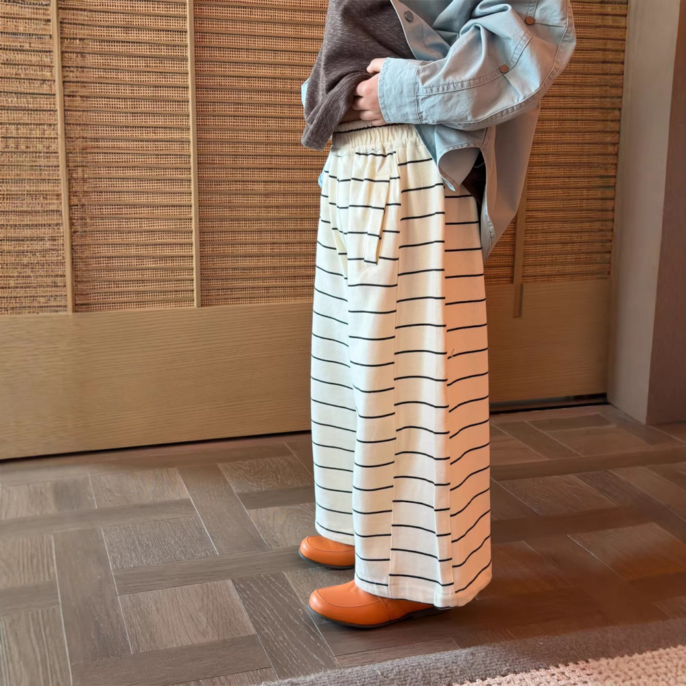 2026春季新款童装韩版儿童百搭条纹针织裤男女童时尚宽松阔腿裤潮
