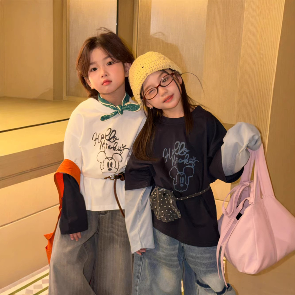 2026春季新款韩版儿童纯棉撞色假两件T恤男女童可爱卡通印花长袖