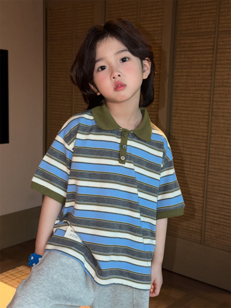 2026春夏新款韩国儿童条纹撞色polo短袖男女童舒适百搭贴标T恤潮