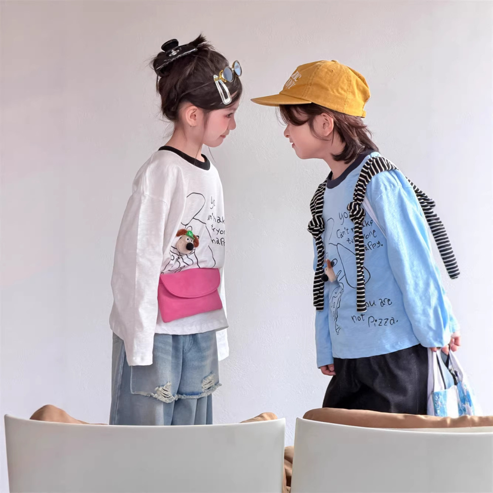 2026春季童装儿童卡通小狗长袖T恤男女童领子撞色宽松休闲上衣潮