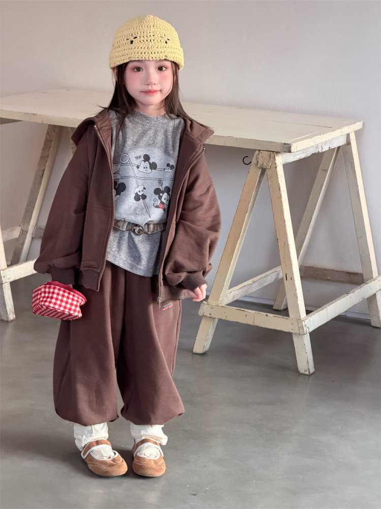 2026春季新款韩版儿童连帽卫衣休闲运动套装男女童卡通印花两件套