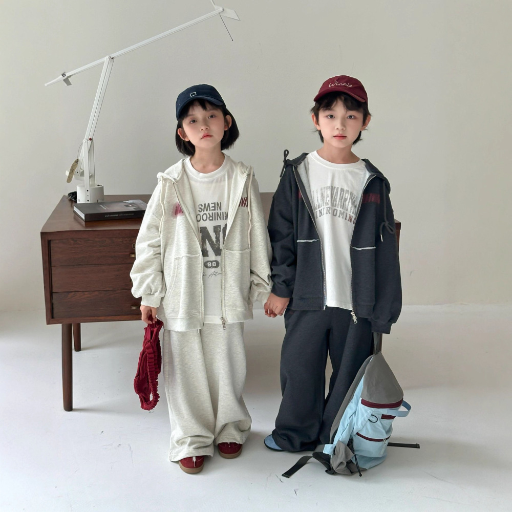 2026春季新款韩版儿童字母连帽外套套装男女童休闲卫衣卫裤两件套
