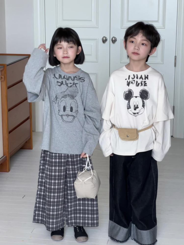 2026春季新款韩版儿童直筒拼接牛仔裤男女童毛边明线宽松长裤潮酷