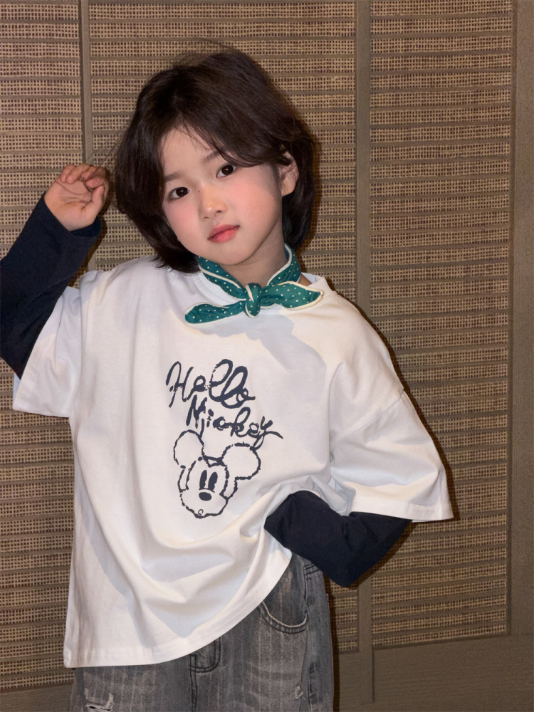2026春季新款韩版儿童纯棉撞色假两件T恤男女童可爱卡通印花长袖