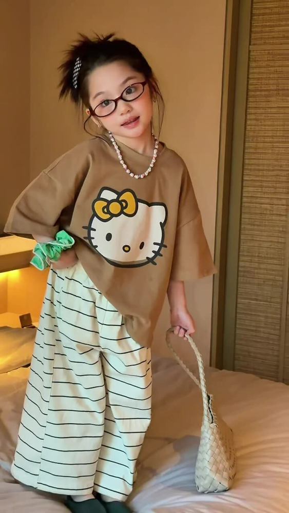 2026春季新款童装韩版儿童百搭条纹针织裤男女童时尚宽松阔腿裤潮